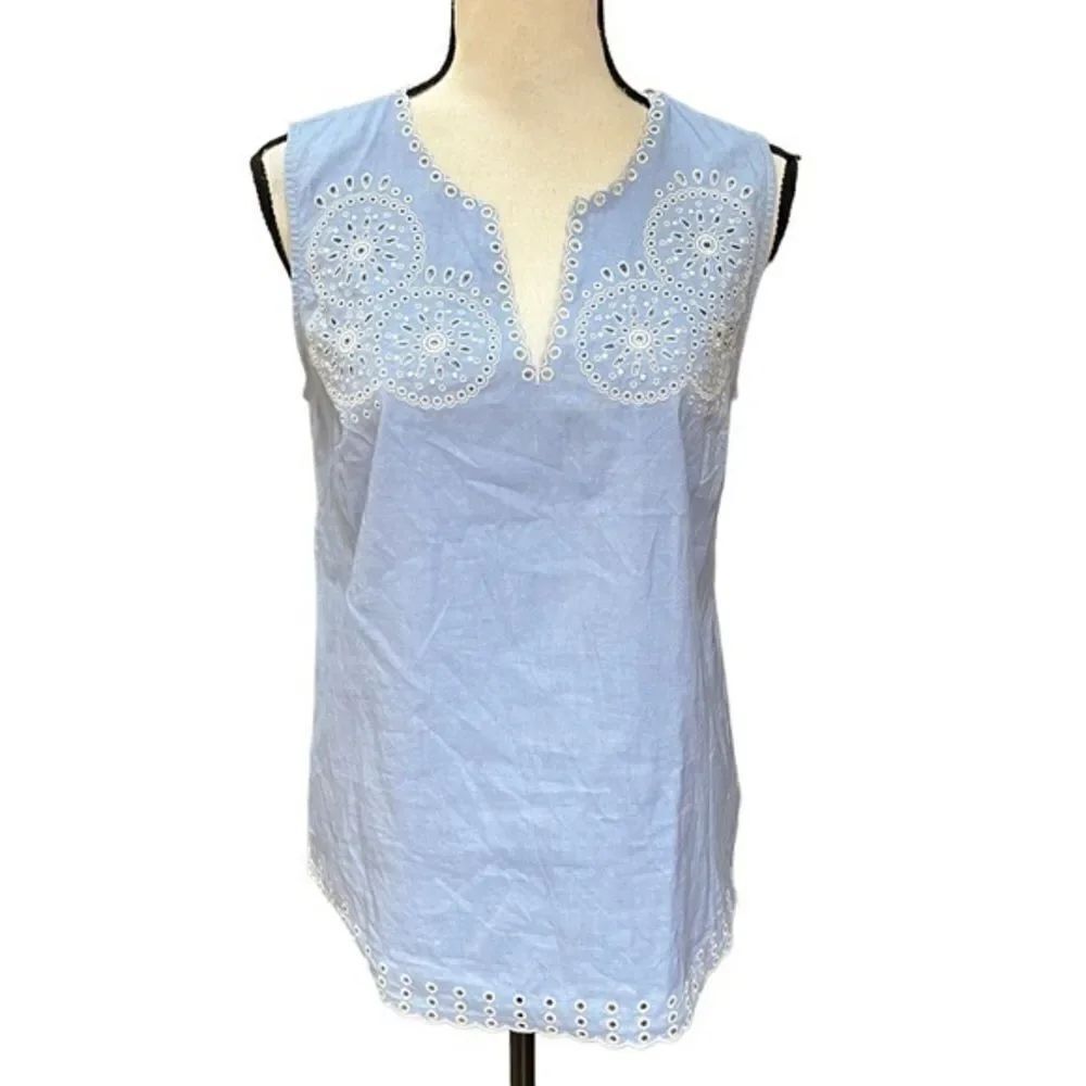 J.Crew Size 2 Chambray Light Blue Eyelet Sleeveless Top 100% cotton